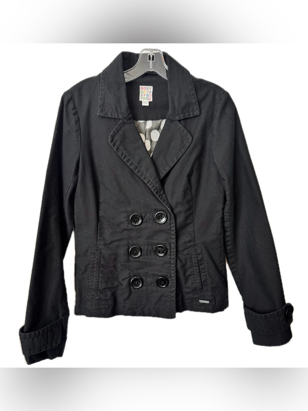 Roxy Black Peacoat Jacket Medium Double Breasted Cotton Twill Casual Classic
